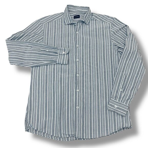 Ermenegildo Zegna Shirt Mens Large Blue Seersucker Button Up - Picture 2 of 9